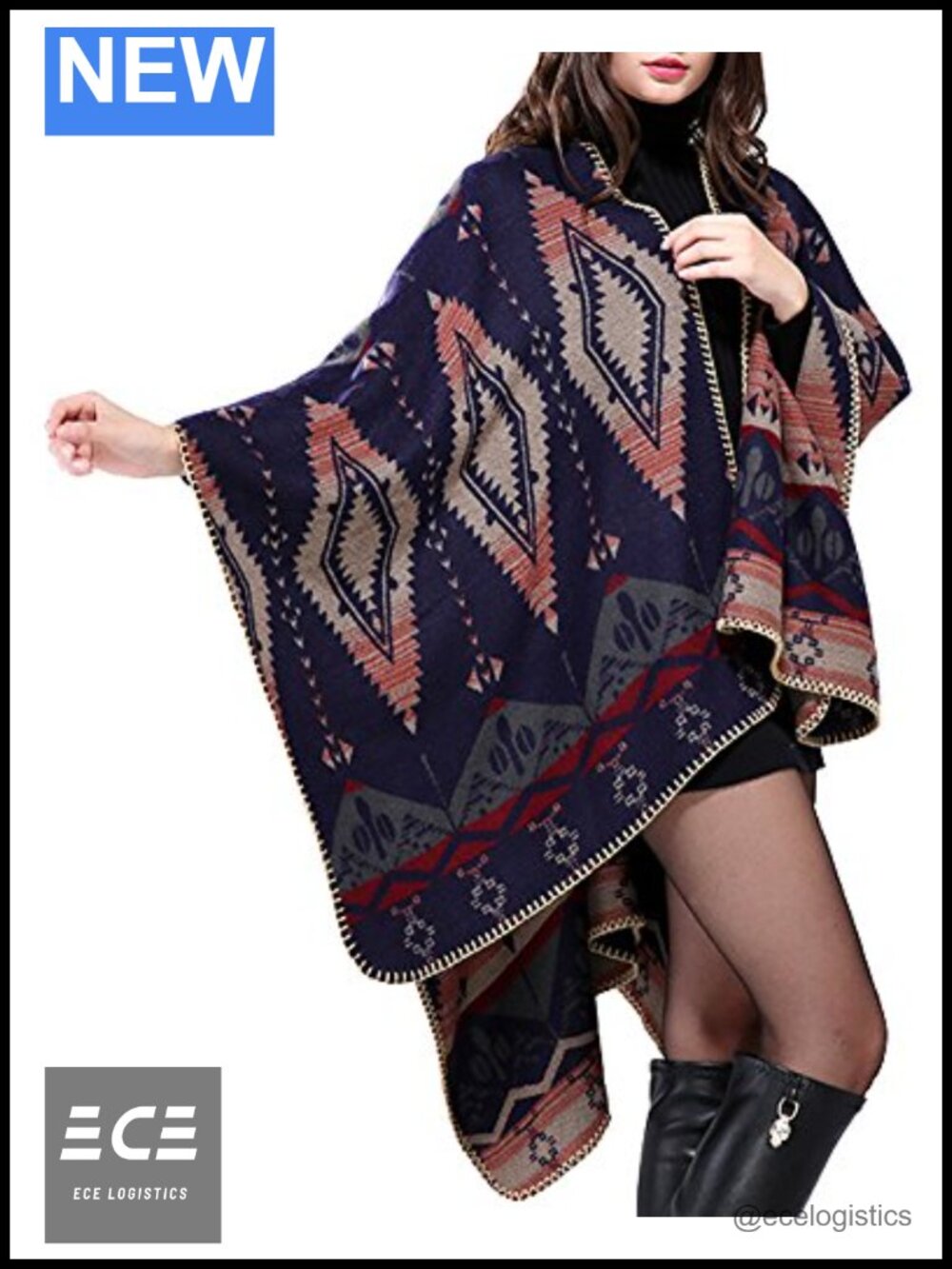 Women's Color Block Open Front Poncho Shawl Wrap Cape Ruana - Picture 2 of 6